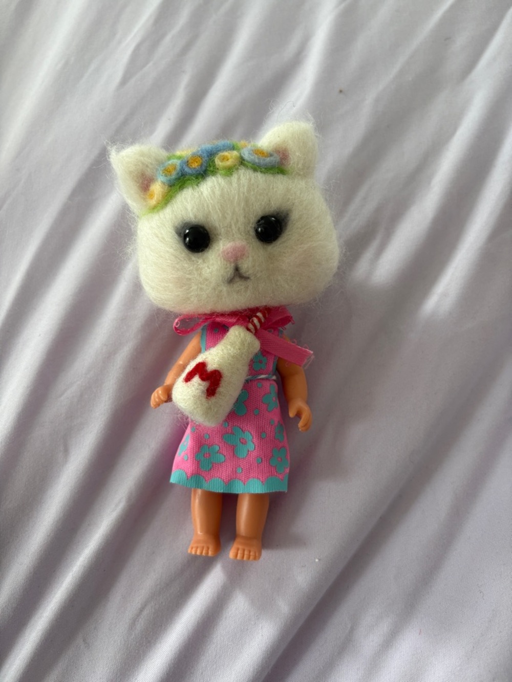 Cute Cat-Head Doll in Pink Floral Dress - Picture 2 of 6